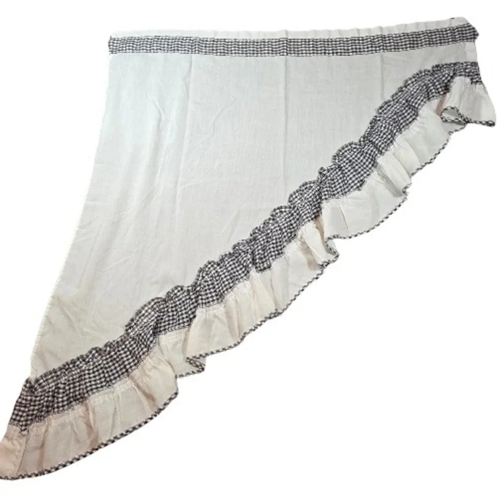 Set Black White Check Cotton Ruffled Swag Valance Gingham Farmhouse Vtg Curtain